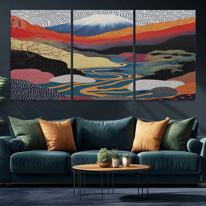 32131-MGV-CV-36X24-Japanese Mount Fuji Wall Art – Abstract Landscape Canvas Print with Swirling Sky & River, Modern Minimalist Asian Inspired Poster