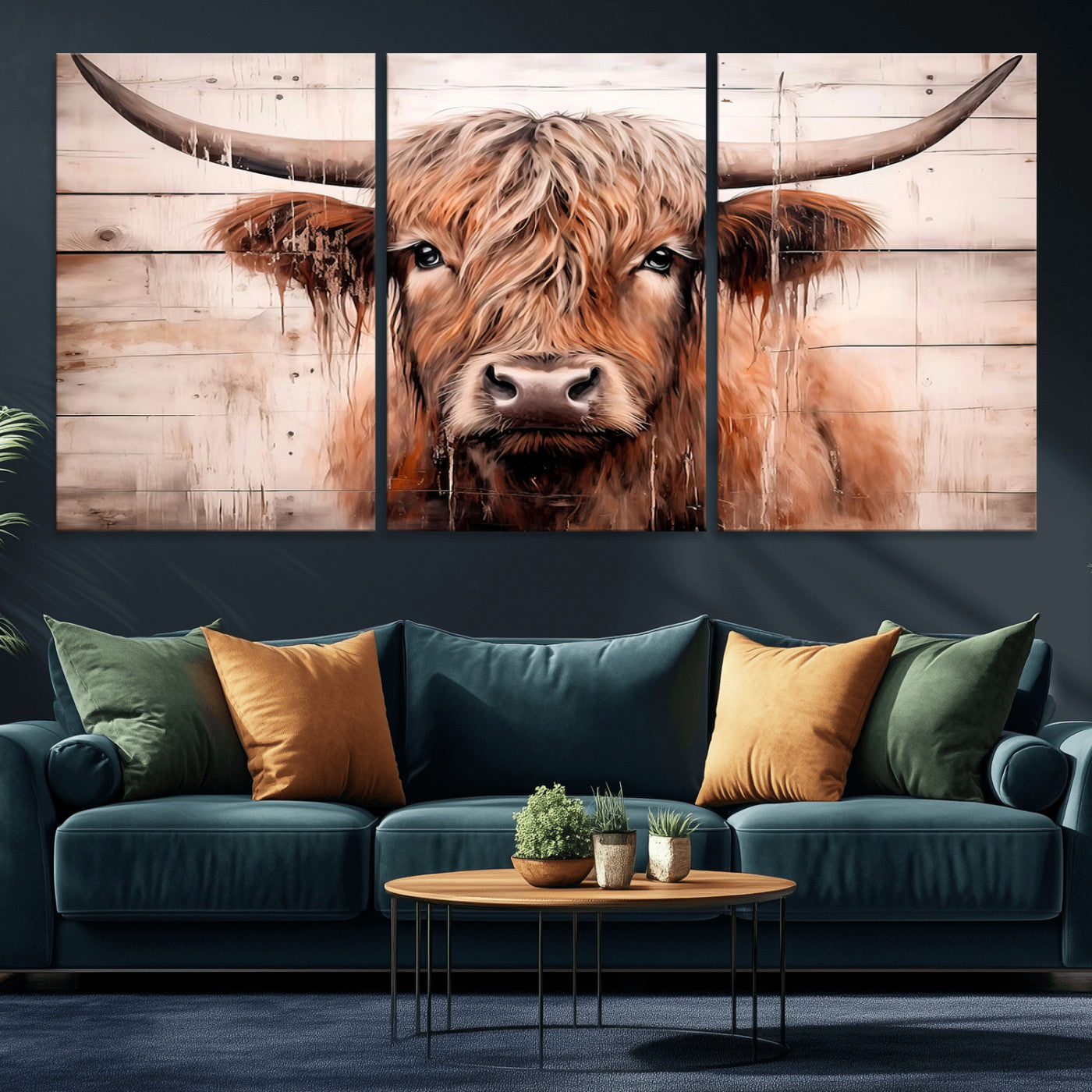 93730-MGV-CV-36X24-Scottish Cow Wall Art Canvas Print, Framed Longhorn Cow Art Picture Print, Highland Cattle Perfect Rustic Farmhouse Decor Artwork