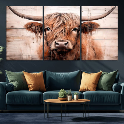 93730-MGV-CV-36X24-Scottish Cow Wall Art Canvas Print, Framed Longhorn Cow Art Picture Print, Highland Cattle Perfect Rustic Farmhouse Decor Artwork