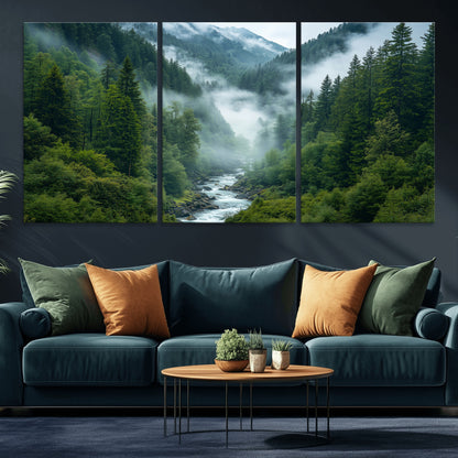 69453-MGV-CV-36X24-Mountain Forest Wall Art – Misty River and Evergreen Landscape Canvas Print, Nature Photography Poster for Living Room, Bedroom,