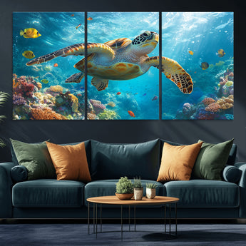 37623-MGV-CV-36X24-Sea Turtle Wall Art – Underwater Ocean Canvas Print with Coral Reef and Tropical Fish, Marine Life Painting Poster for Living