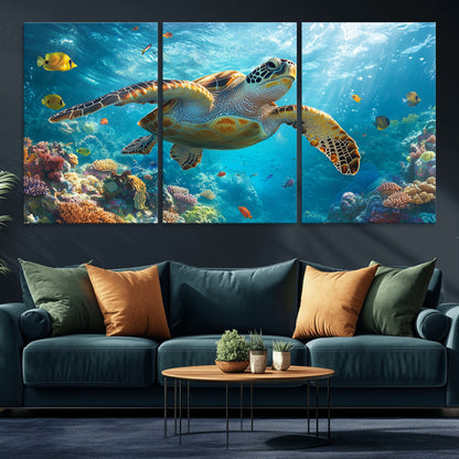 37623-MGV-CV-36X24-Sea Turtle Wall Art – Underwater Ocean Canvas Print with Coral Reef and Tropical Fish, Marine Life Painting Poster for Living