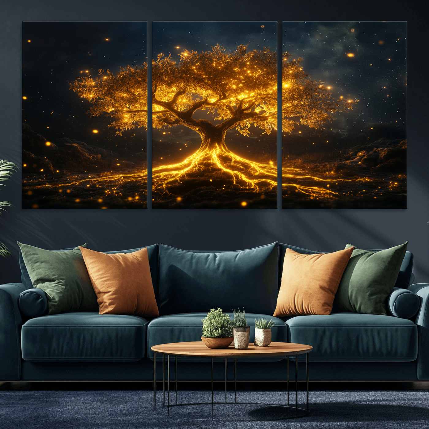 60194-MGV-CV-36X24-Glowing Tree Wall Art – Golden Roots Fantasy Canvas Print, Mystical Illuminated Tree Painting Poster for Living Room, Bedroom,
