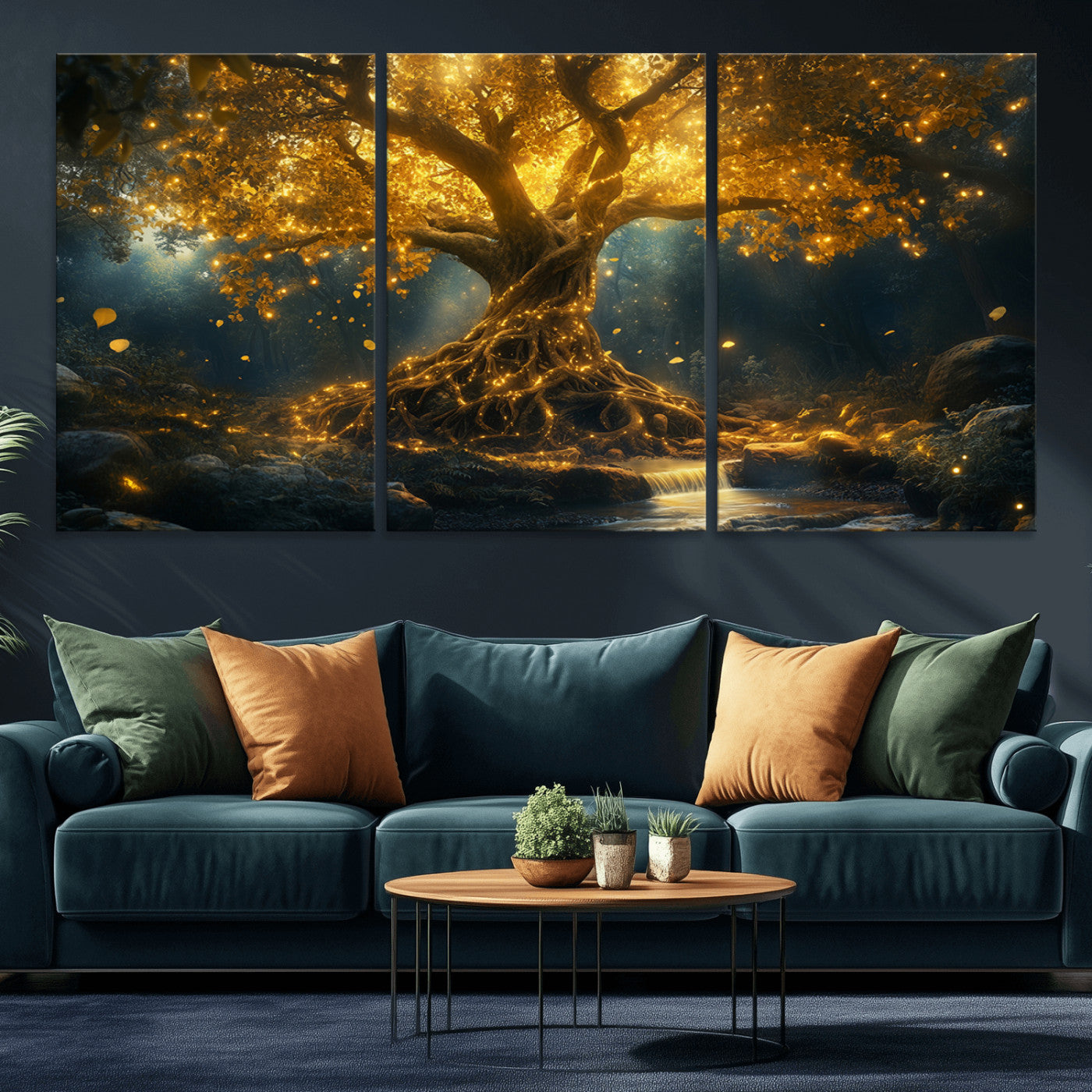 92739-MGV-CV-36X24-Glowing Tree Wall Art – Enchanted Golden Forest Canvas Print, Mystical Illuminated Nature Painting Poster for Living Room,