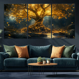 92739-MGV-CV-36X24-Glowing Tree Wall Art – Enchanted Golden Forest Canvas Print, Mystical Illuminated Nature Painting Poster for Living Room,