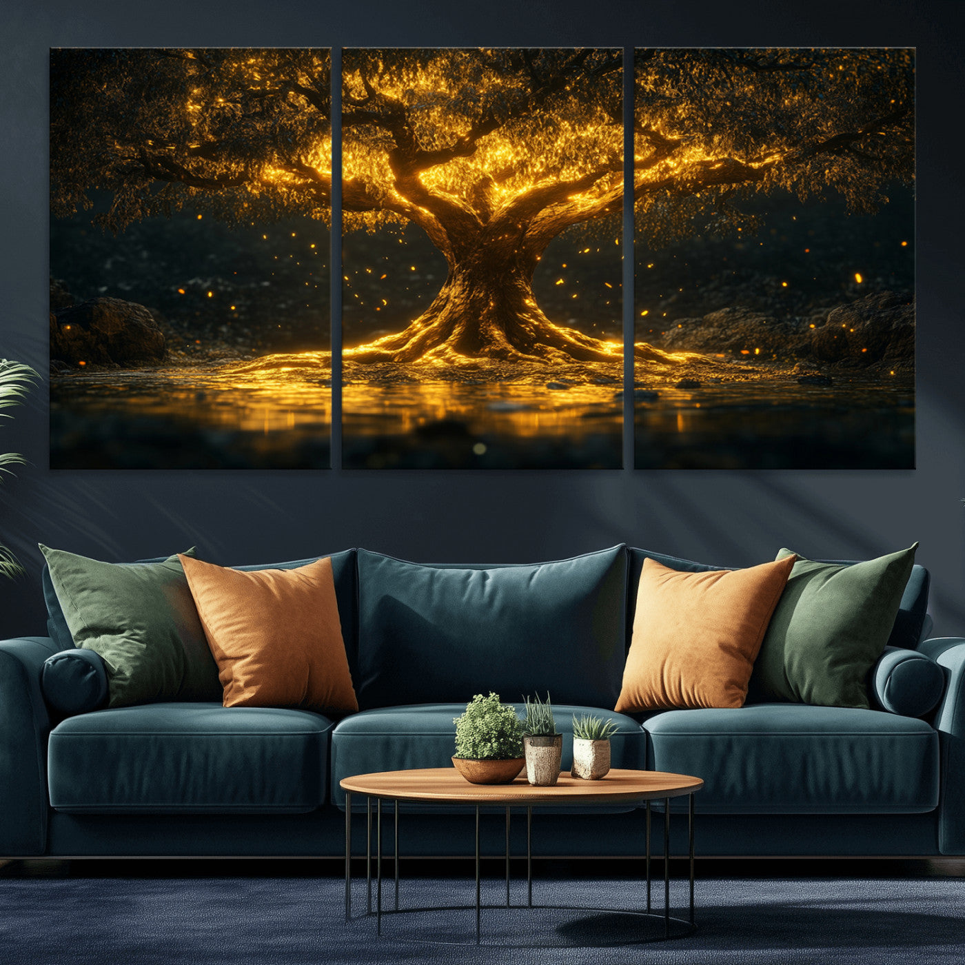 59580-MGV-CV-36X24-Glowing Tree Wall Art – Golden Fantasy Nature Canvas Print, Mystical Illuminated Tree Painting Poster for Living Room, Bedroom,