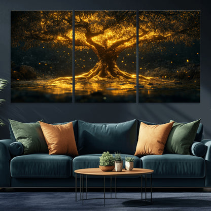59580-MGV-CV-36X24-Glowing Tree Wall Art – Golden Fantasy Nature Canvas Print, Mystical Illuminated Tree Painting Poster for Living Room, Bedroom,