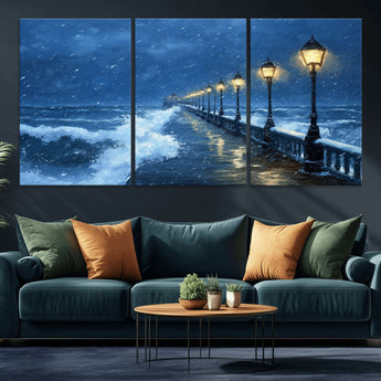 32668-MGV-CV-36X24-Stormy Pier Wall Art – Ocean Waves and Street Lamps Canvas Print, Rainy Night Seascape Oil Painting Poster for Living Room,