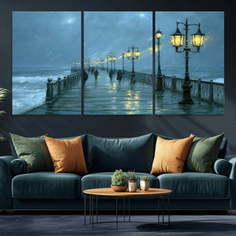 79606-MGV-CV-36X24-Rainy Pier Night Wall Art – Ocean Waves and Street Lamps Canvas Print, Moody Seascape Oil Painting Poster for Living Room,