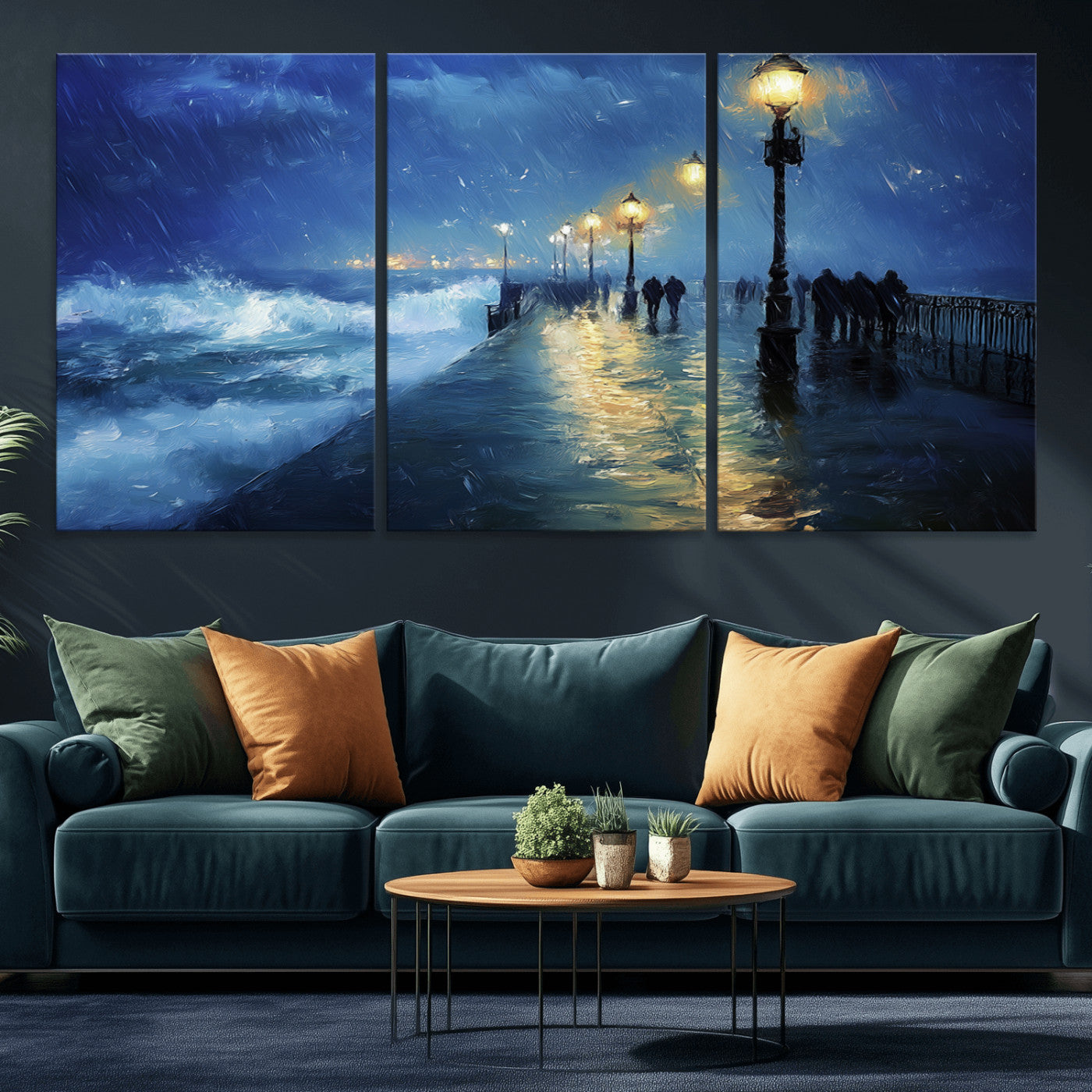 94571-MGV-CV-36X24-Seaside Night Wall Art – Ocean Waves and Street Lamps Canvas Print, Rainy City Pier Oil Painting Poster for Living Room, Bedroom,