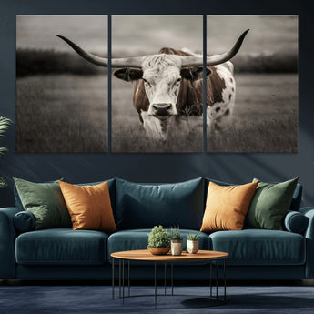 69238-MGV-CV-36X24-Longhorn Bull Wall Art – Rustic Black and White Texas Cattle Canvas Print, Western Farmhouse Animal Photography for Living Room,