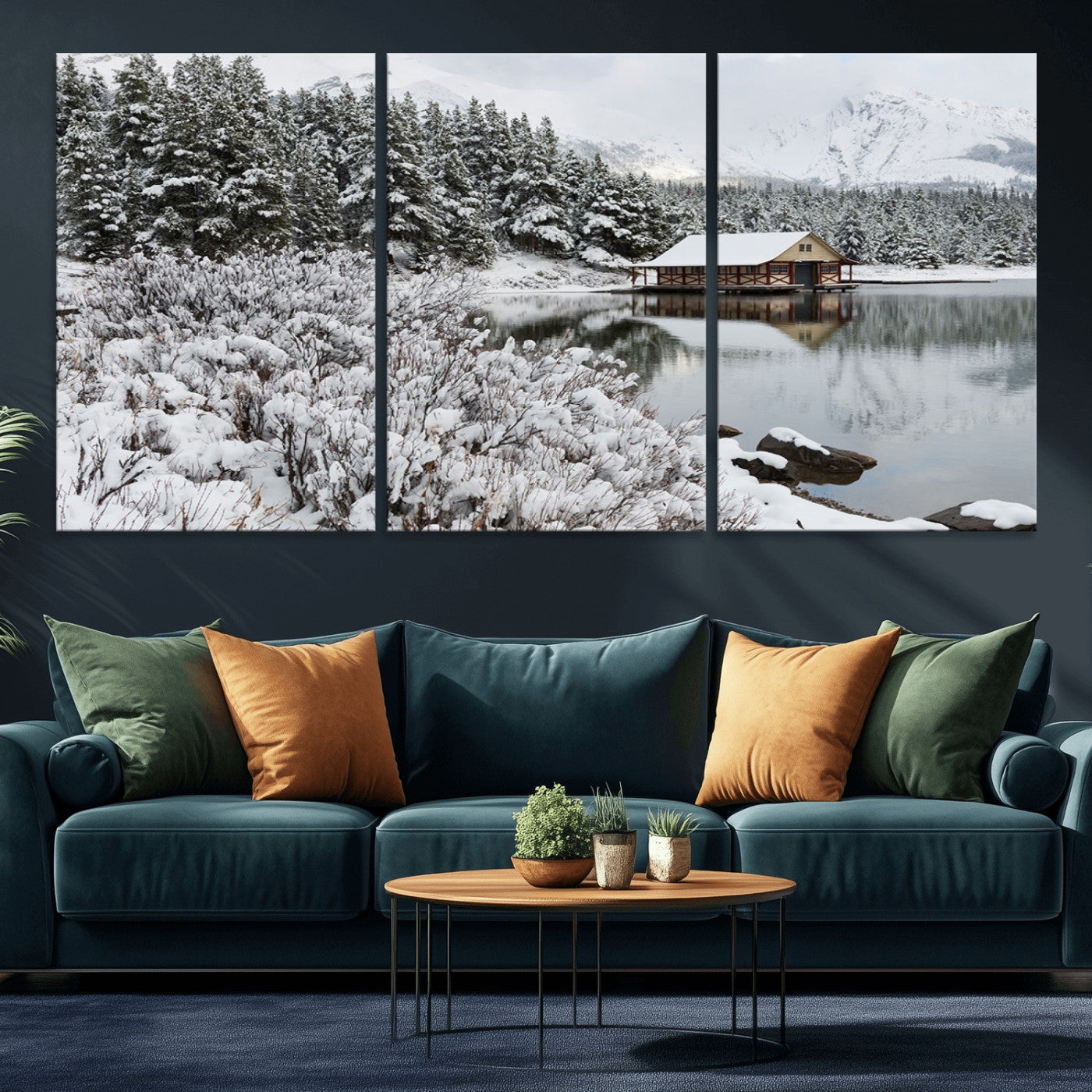 94285-MGV-CV-36X24-Snowy Cabin Wall Art Canvas Print, Framed Winter Cabin Art Picture Print, Mountain Lake Perfect Snowy Nature Decor Artwork