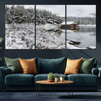 94285-MGV-CV-36X24-Snowy Cabin Wall Art Canvas Print, Framed Winter Cabin Art Picture Print, Mountain Lake Perfect Snowy Nature Decor Artwork
