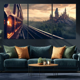 84029-MGV-CV-36X24-Fantasy Castle Wall Art – Magical Train Sunset Forest Canvas Print, Enchanted Landscape Painting Poster for Living Room, Bedroom,
