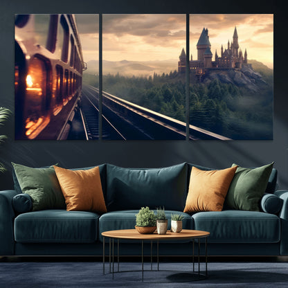 84029-MGV-CV-36X24-Fantasy Castle Wall Art – Magical Train Sunset Forest Canvas Print, Enchanted Landscape Painting Poster for Living Room, Bedroom,