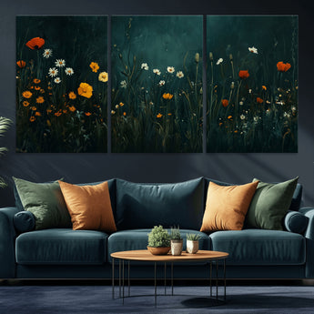 87037-MGV-CV-36X24-Wildflower Wall Art – Dark Botanical Floral Canvas Print, Modern Nature Painting Poster with Daisies Poppies Orange Flowers for