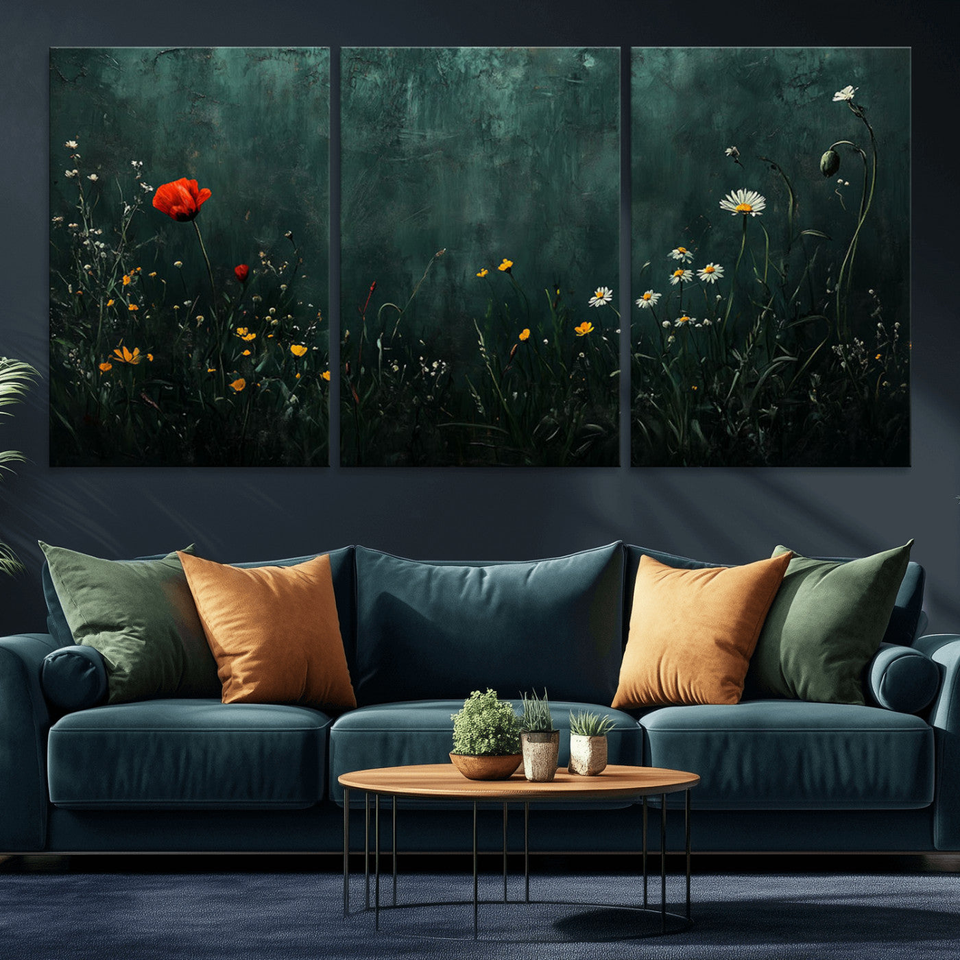 26218-MGV-CV-36X24-Wildflower Wall Art – Dark Botanical Floral Canvas Print, Modern Nature Painting Poster with Daisy Poppy Yellow Flowers for Living