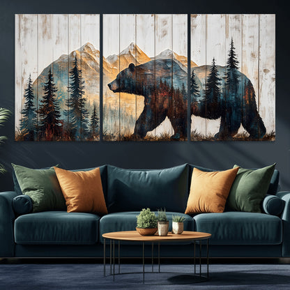 90077-MGV-CV-36X24-Wood Grizzly Bear Wall Art Canvas Print, Framed Abstract Bear Art Picture Print, Bear in Forest Perfect Rustic Lodge Decor Artwork