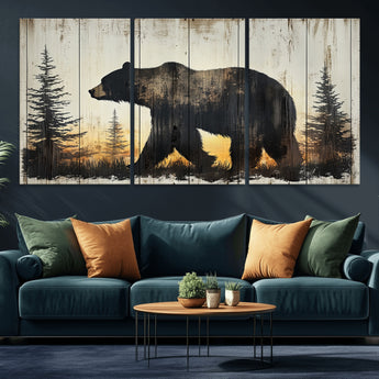 83875-MGV-CV-36X24-Sunset Bear Wall Art – Rustic Wildlife Canvas Print with Forest Silhouette, Cabin Lodge Decor for Living Room or Office