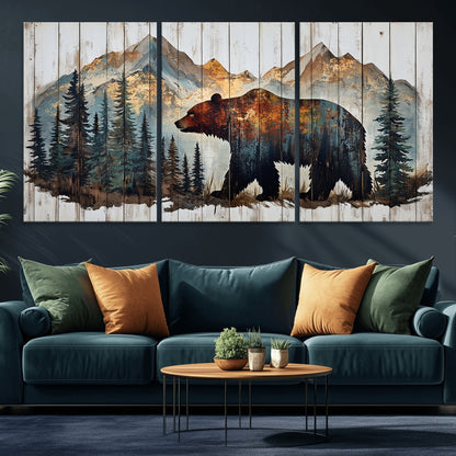 55777-MGV-CV-36X24-Rustic Bear Wall Art Canvas Print, Framed Mountain and Forest Art Picture Print, Wooden Bear Perfect Rustic Lodge Decor Artwork