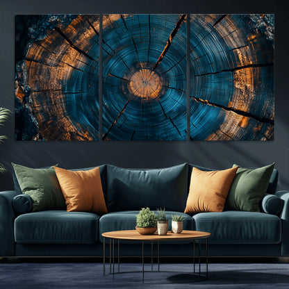 65231-MGV-CV-36X24-Blue and Gold Tree Ring Wall Art – Rustic Abstract Wood Slice Canvas Print, Modern Nature Inspired Artwork for Living Room,