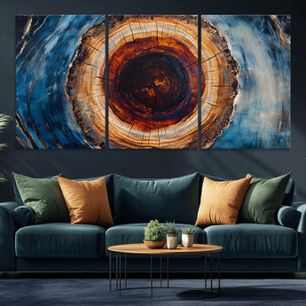 30457-MGV-CV-36X24-Tree Ring Abstract Wall Art – Blue and Brown Wood Grain Canvas Print, Modern Nature Inspired Painting for Rustic Living Room,