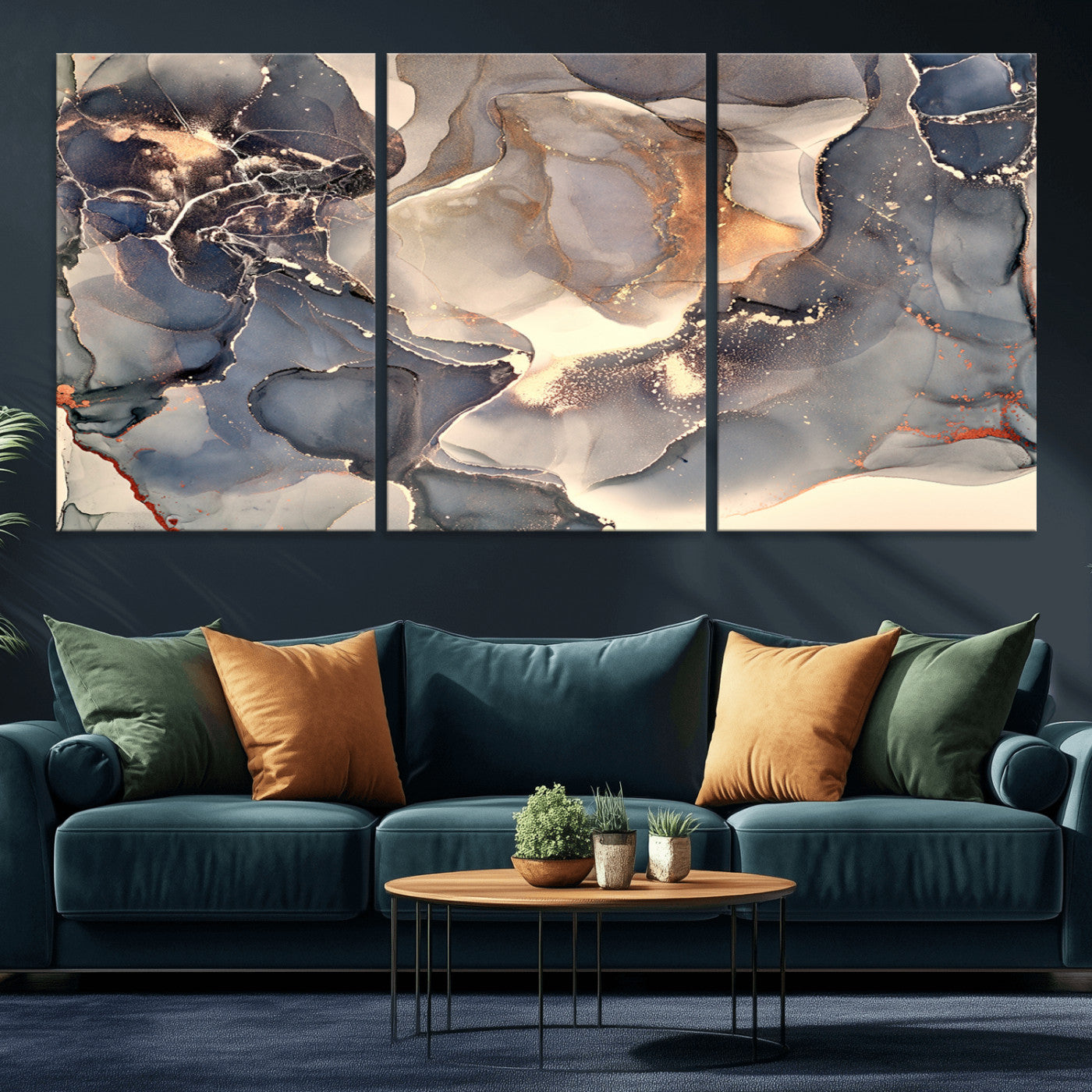 18202-MGV-CV-36X24-Abstract Neutral Wall Art – Blue, Beige and Gold Fluid Ink Canvas Print, Modern Minimalist Painting for Living Room, Office