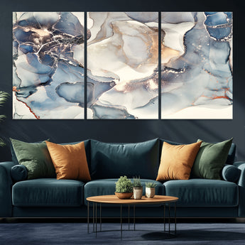 51497-MGV-CV-36X24-Abstract Blue and Gold Wall Art – Modern Fluid Ink Style Canvas Print, Elegant Contemporary Decor for Living Room, Office