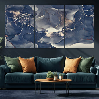 28282-MGV-CV-36X24-Blue Abstract Wall Art – Modern Ink Swirl Canvas Print, Contemporary Navy and Gold Painting for Living Room, Bedroom, Office or
