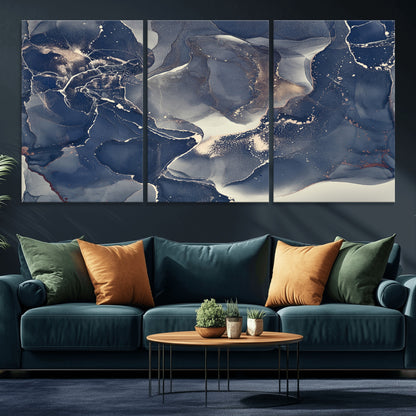 28282-MGV-CV-36X24-Blue Abstract Wall Art – Modern Ink Swirl Canvas Print, Contemporary Navy and Gold Painting for Living Room, Bedroom, Office or
