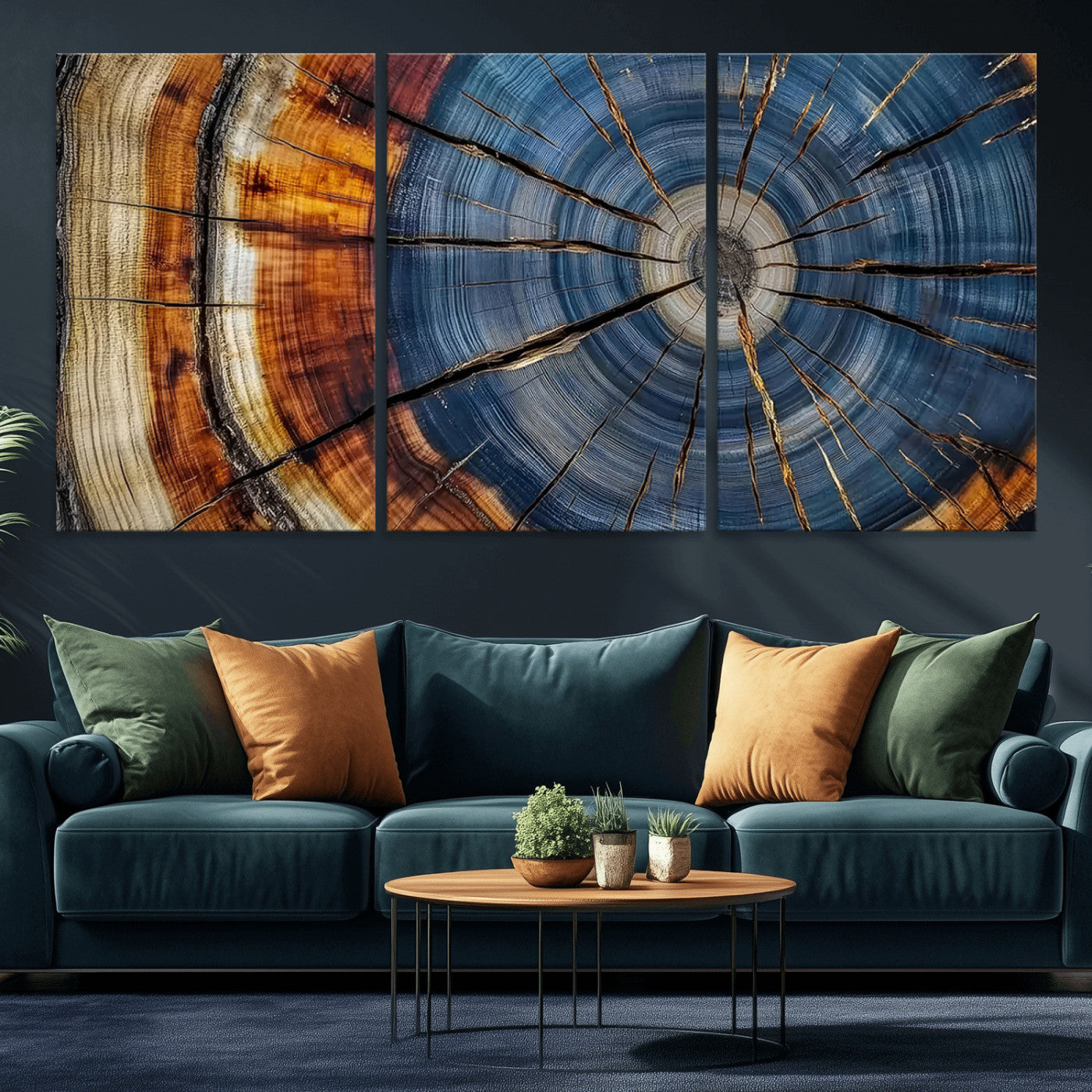 10583-MGV-CV-36X24-Tree Ring Wall Art – Abstract Wood Grain Canvas Print with Blue and Brown Tones, Nature Inspired Rustic Artwork for Living Room,
