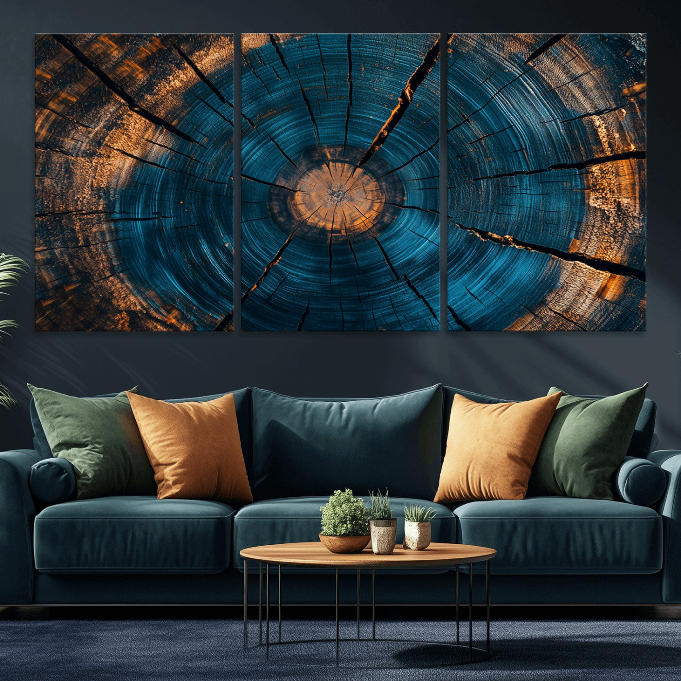 13398-MGV-CV-36X24-Tree Ring Wall Art – Abstract Wood Grain Canvas Print with Blue and Orange Accents, Rustic Nature Inspired Artwork for Living