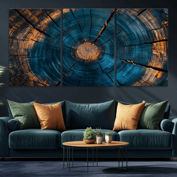 13398-MGV-CV-36X24-Tree Ring Wall Art – Abstract Wood Grain Canvas Print with Blue and Orange Accents, Rustic Nature Inspired Artwork for Living