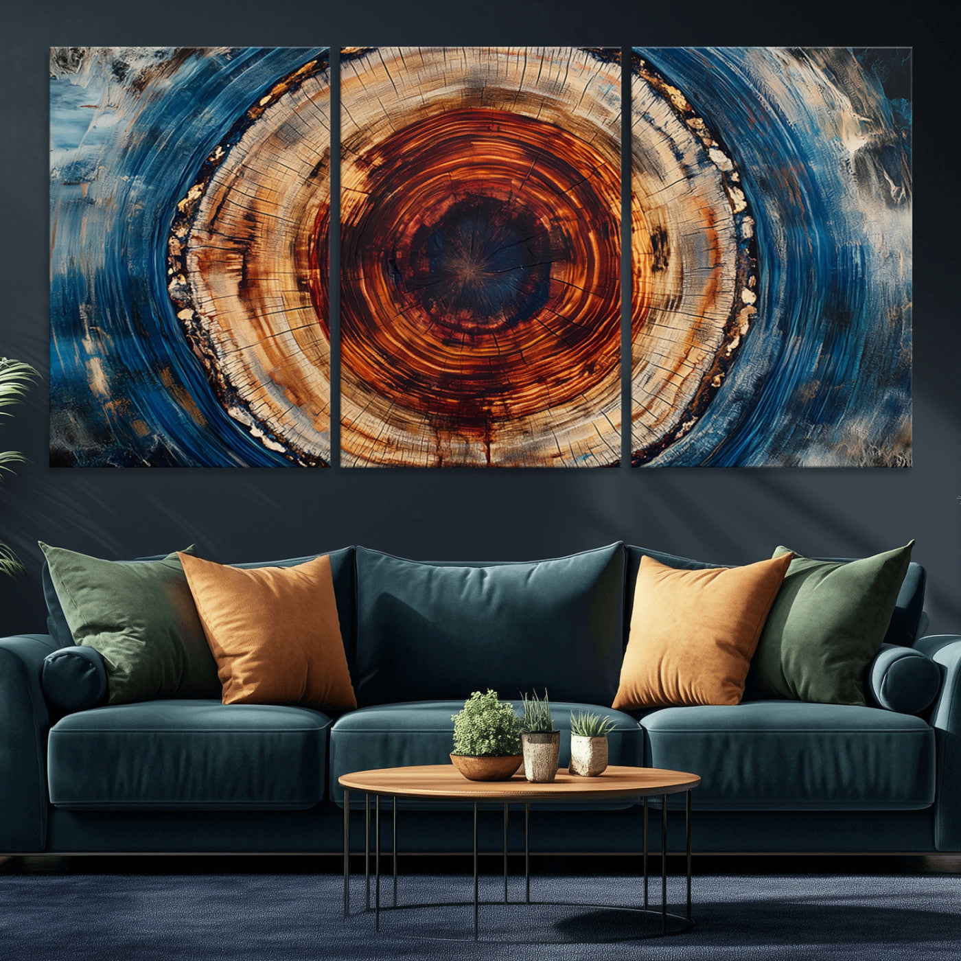 90395-MGV-CV-36X24-Tree Ring Wall Art – Abstract Wood Grain Canvas Print with Fiery Red and Blue Tones, Bold Rustic Nature Inspired Artwork Decor for