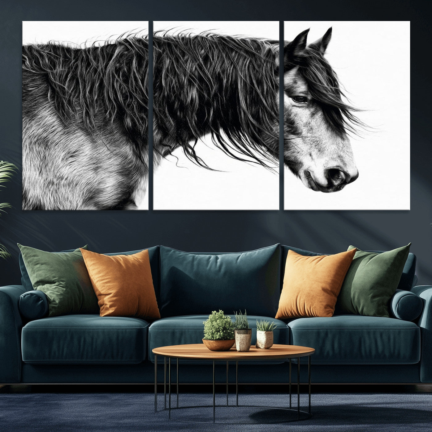 57694-MGV-CV-36X24-Horse Portrait Wall Art – Black and White Canvas Print with Detailed Stallion Profile, Rustic Farmhouse Equestrian Artwork for