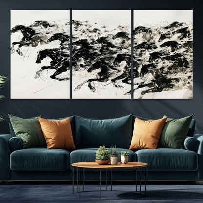 23069-MGV-CV-36X24-Galloping Horses Wall Art – Black Ink Painting on Canvas, Dynamic Equestrian Artwork with Running Stallions, Expressive Modern