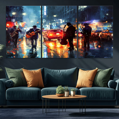 94605-MGV-CV-36X24-City Jazz Night Wall Art – Vibrant Music Canvas Print Featuring Saxophone, Guitar and Bass Players, Urban Street Scene Artwork for