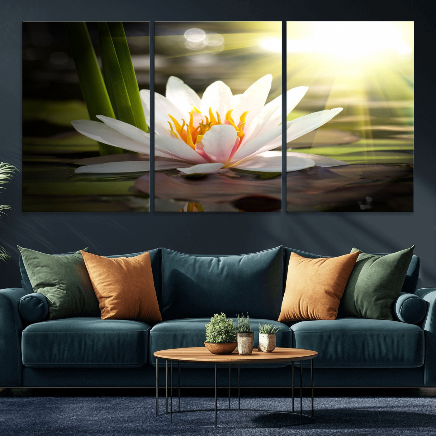 40478-MGV-CV-36X24-Water Lily Wall Art – White Lotus Flower Canvas Print with Sunlight Reflection, Serene Botanical Artwork for Living Room, Bedroom,