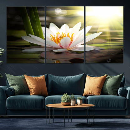 40478-MGV-CV-36X24-Water Lily Wall Art – White Lotus Flower Canvas Print with Sunlight Reflection, Serene Botanical Artwork for Living Room, Bedroom,