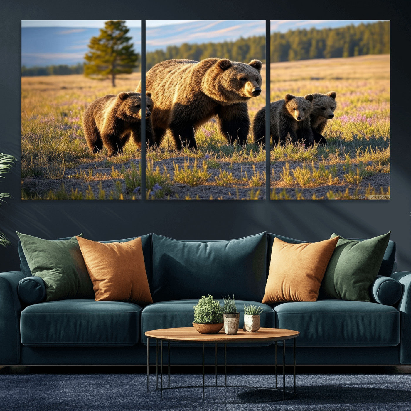43400-MGV-CV-36X24-Bear Family Wall Art – Wildlife Canvas Print of Mother Bear with Cubs in Sunlit Meadow, Rustic Animal Artwork for Living Room,