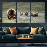 40555-MGV-CV-36X24-Bear Family Wall Art – Wildlife Canvas Print of Mother Bear with Four Cubs in Nature, Rustic Animal Artwork for Living Room,