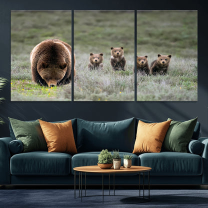 40555-MGV-CV-36X24-Bear Family Wall Art – Wildlife Canvas Print of Mother Bear with Four Cubs in Nature, Rustic Animal Artwork for Living Room,