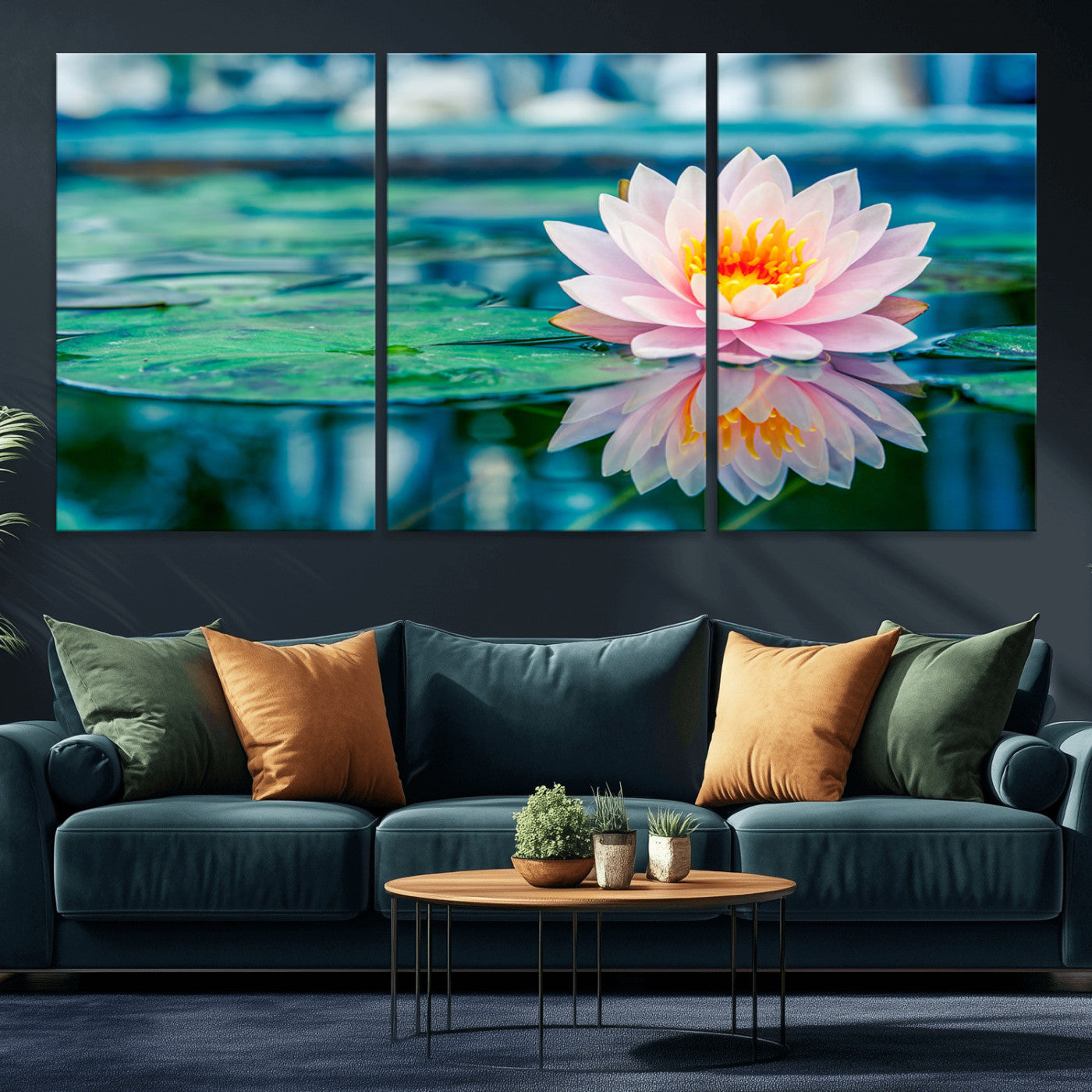 30320-MGV-CV-36X24-Pink Water Lily Wall Art – Lotus Flower Canvas Print with Reflection Water, Peaceful Botanical Artwork for Living Room, Bedroom,