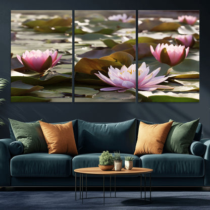 28394-MGV-CV-36X24-Water Lily Pond Wall Art – Pink Lotus Flowers Canvas Print with Green Lily Pads, Peaceful Botanical Artwork for Living Room,