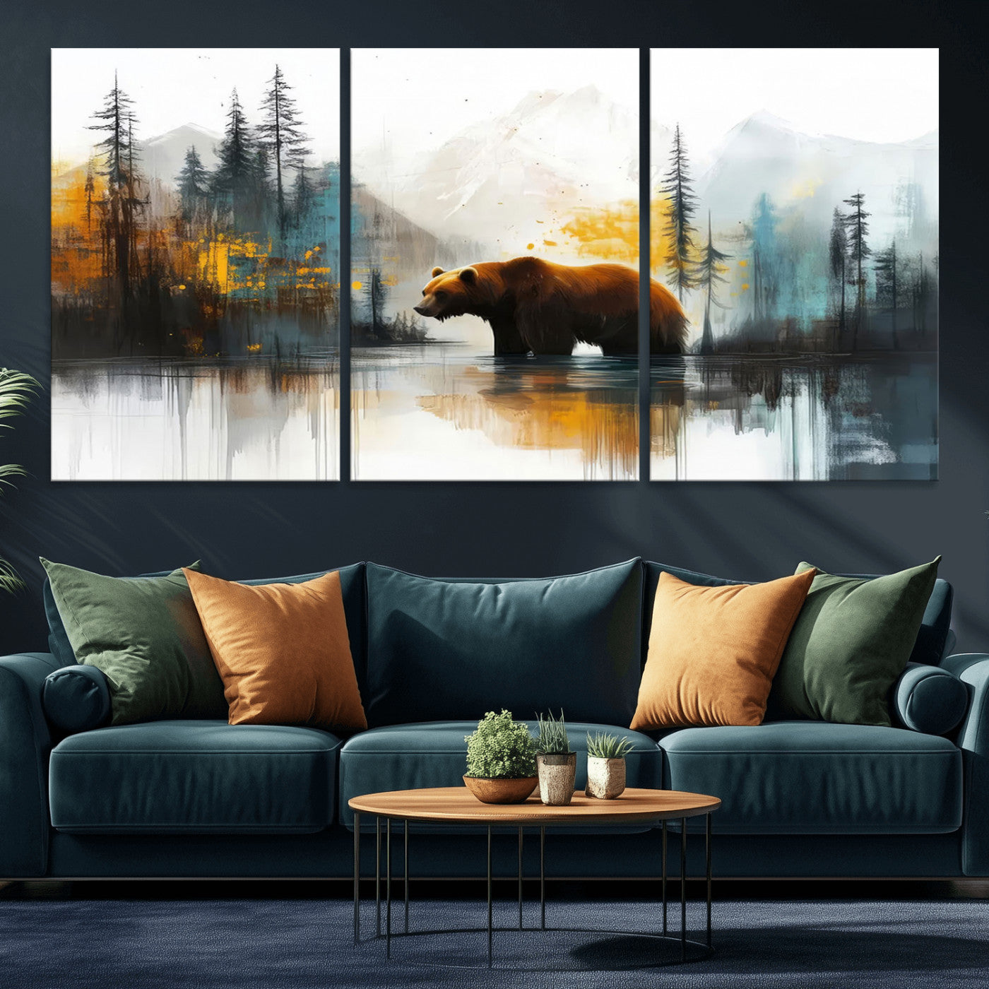 50308-MGV-CV-36X24-Abstract Rustic Bear Wall Art – Forest and Mountain Scene Canvas Print, Nature Artwork for Modern Farmhouse or Log Cabin Decor
