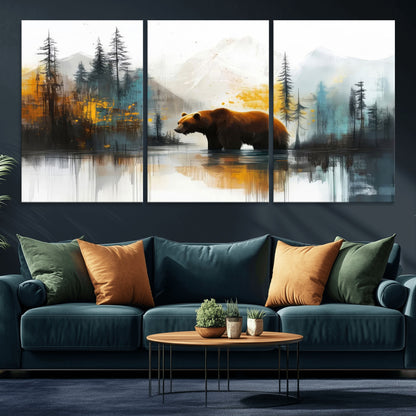 50308-MGV-CV-36X24-Abstract Rustic Bear Wall Art – Forest and Mountain Scene Canvas Print, Nature Artwork for Modern Farmhouse or Log Cabin Decor