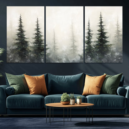 33241-MGV-CV-36X24-Misty Forest Wall Art Canvas Print, Framed Foggy Pines Art Picture Print, Forest Haze Perfect Rustic Minimalist Decor Artwork