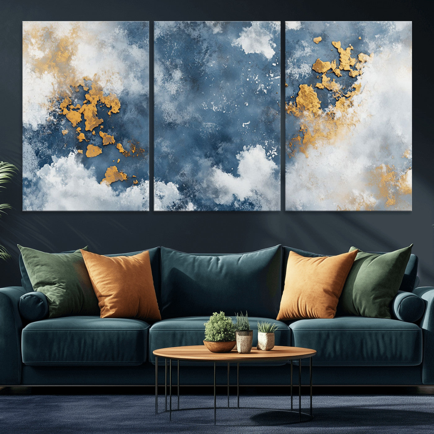 39575-MGV-CV-36X24-Blue and Gold Abstract Wall Art – Modern Canvas Print Featuring Cloudy Textures with Metallic Accents, Contemporary Artwork for
