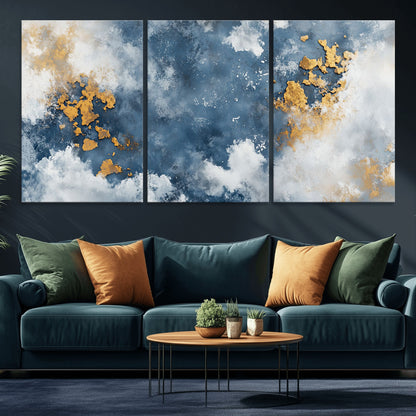 39575-MGV-CV-36X24-Blue and Gold Abstract Wall Art – Modern Canvas Print Featuring Cloudy Textures with Metallic Accents, Contemporary Artwork for
