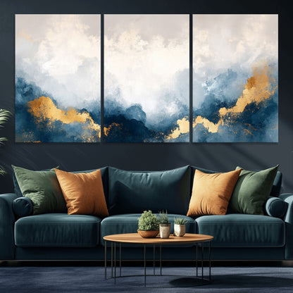 14578-MGV-CV-36X24-Abstract Wall Art – Modern Canvas Print Featuring Blue and White Clouds with Golden Accents, Contemporary Elegant Artwork for